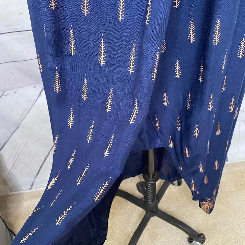 Lapogee Navy Blue & Gold Leaf Print Boho Maxi Dress Size L